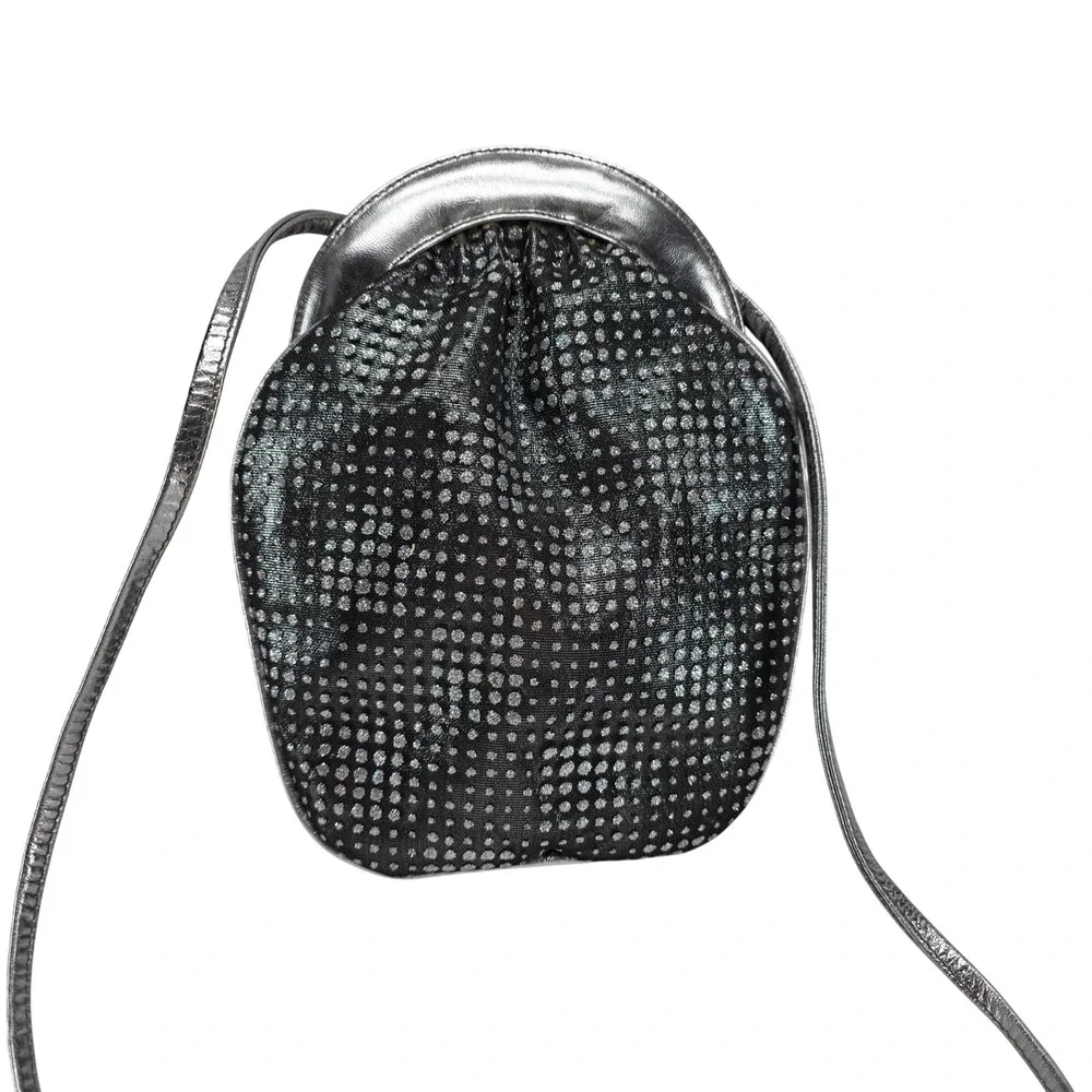 Vintage Stuart Weitzman Evening Bag Black Silver Metallic Polka Dot Retro Disco